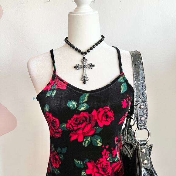 Black Floral‎ Velvet Mini Dress, Gothic Whimsigoth Coquette Grunge Small - Picture 2 of 7